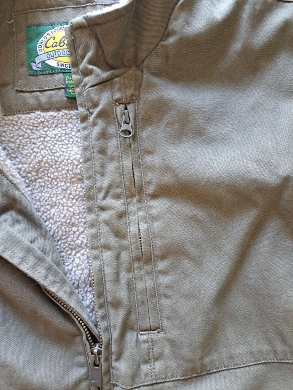 Cabelas Mens Olive Green Canvas Workwear Vest Sherpa Fleece Full Zip 2XLTall - Picture 3 of 12